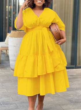 big size fat plus Dresses Women Dress V neck Loose Red 2024