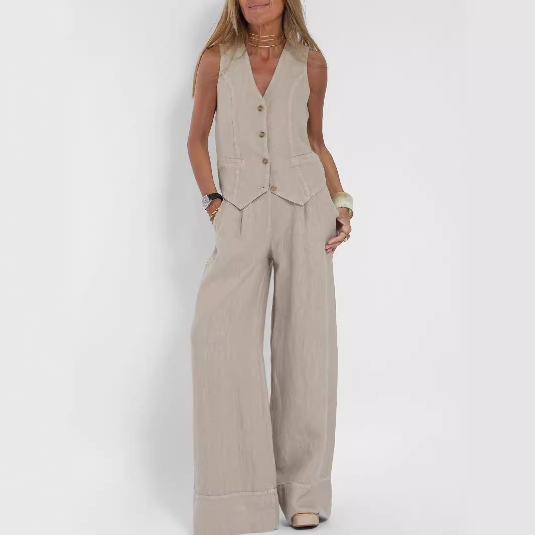Women's vest+pants patchwork cotton linen set女马甲棉麻套装