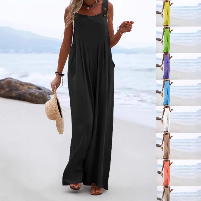 Women sleeveless shoulder strap wide leg jumpsuit阔腿背带裤