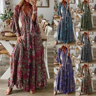 neck high Women long style waisted dress碎花长裙 Bohemian