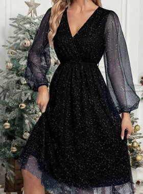 Women V-neck mesh powder sprinkled dress女v领网纱洒粉连衣裙