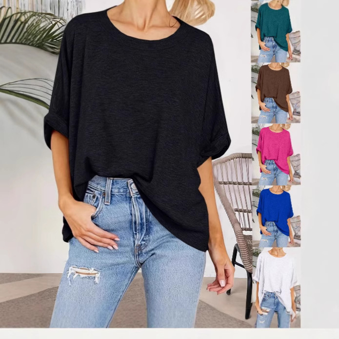 Women's casual round neck loose T-shirt欧美跨境圆领宽松t恤女
