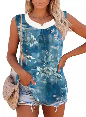 5XL plus size women's vest大码女背心宽松休闲印花圆领无袖背心