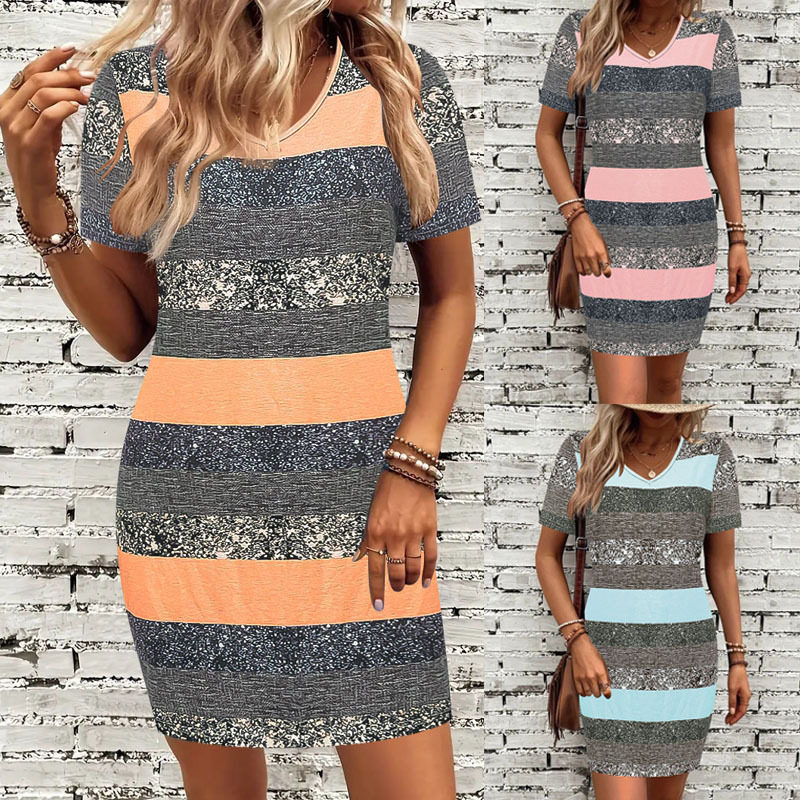 5XL women's striped dress2025连衣裙圆领条纹休闲印花女装