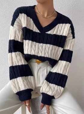 Women V-neck knitted striped long sleeved sweater女毛衣长袖