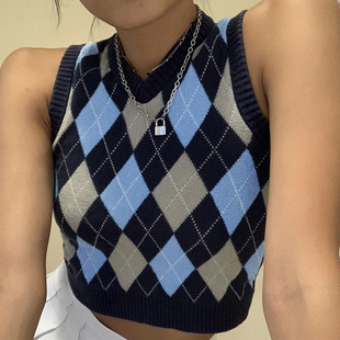 Women plaid sweater sleeveless V-neck knitted vest女针织背心