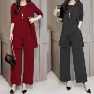 5XL plus size women shawl+vest+wide leg pants set女三件套装