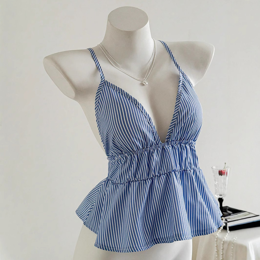 Women sexy suspender V-neck striped suspender top女吊带上衣