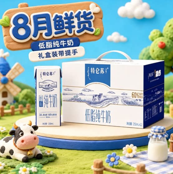 8月新货蒙牛特仑苏低脂纯牛奶250ml×12盒装礼盒带提手营养早餐奶