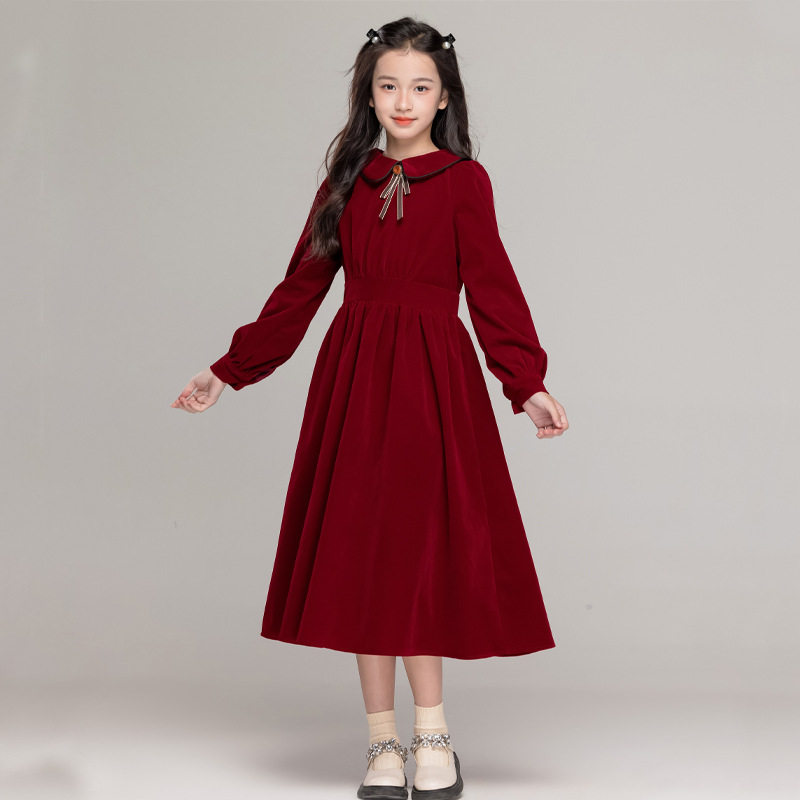 女童秋冬红色连衣裙加绒2025秋冬复古中大童小翻领公主裙新年红裙