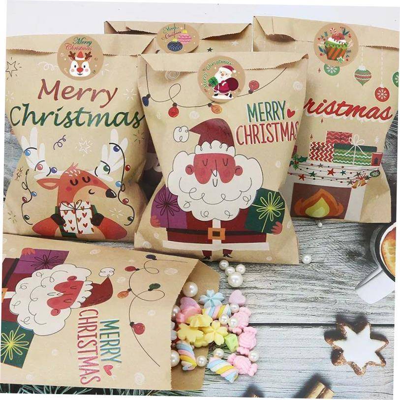 24Set Christmas Gift Bag Kraft Paper Bags Santa Claus Snowma