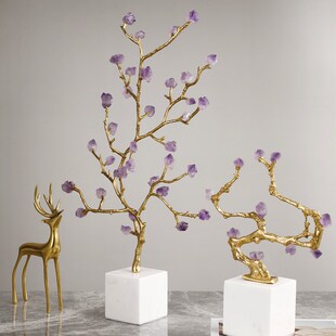 极速轻奢新中式 饰 天然水晶石黄铜招财树家居摆件客厅别W墅植物装