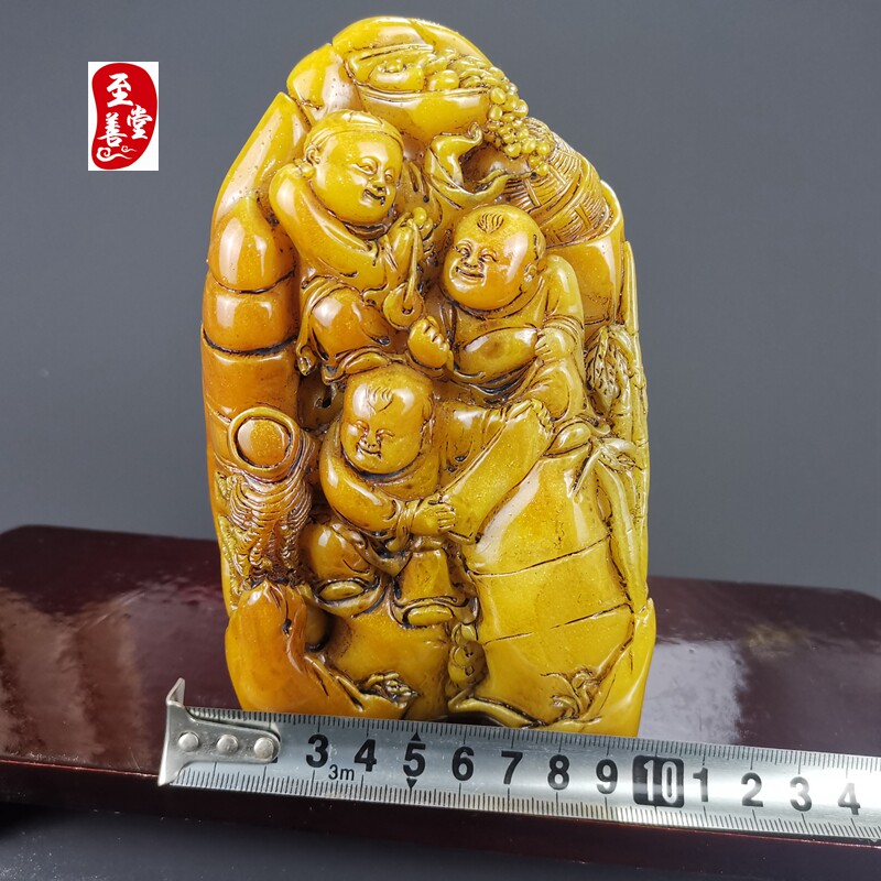玉石原石寿山石雕老田黄石童子献福客厅J风水摆件开业乔迁奇石观