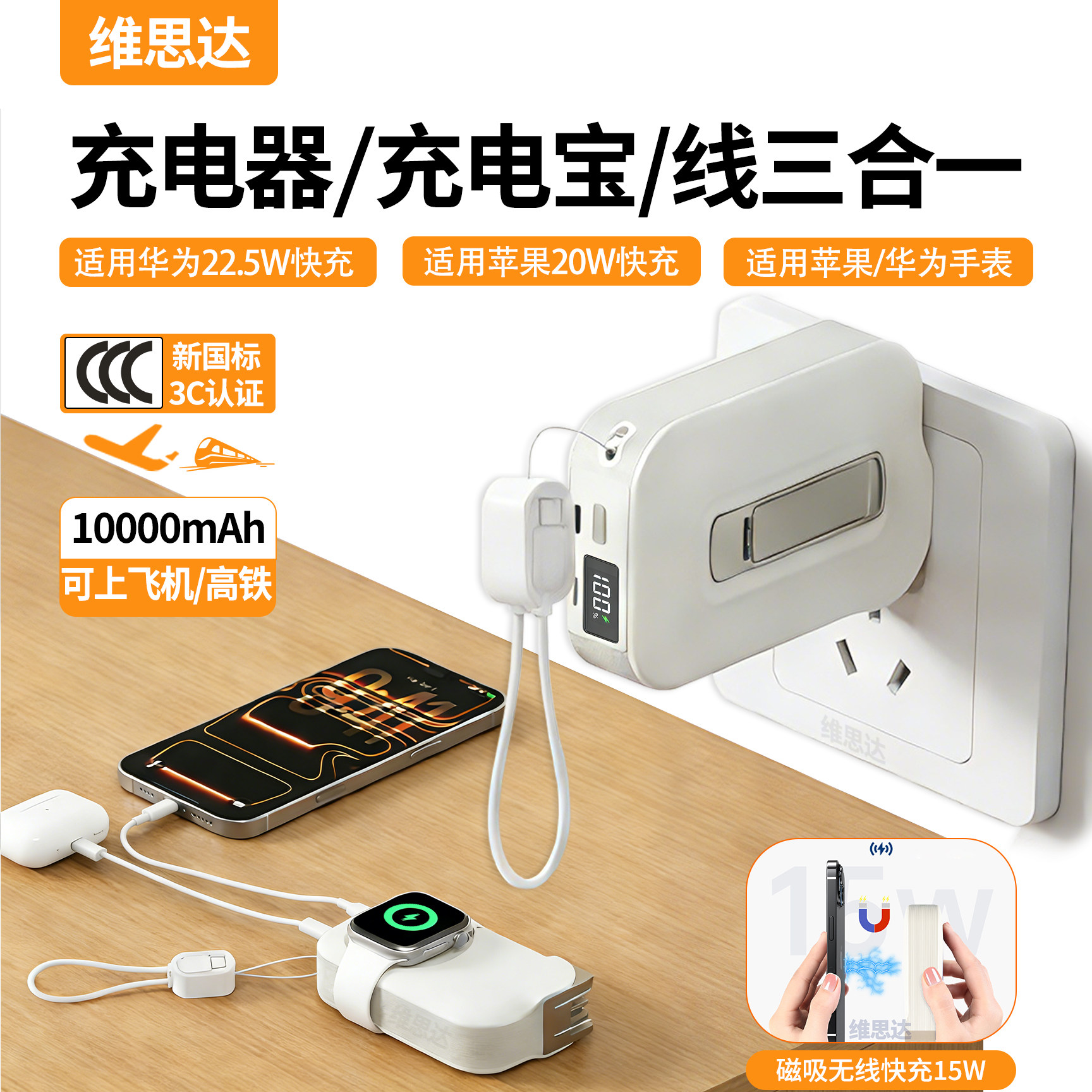 【3C认证可上飞机】磁吸无线充电器充电宝带线三合一10000毫安插头快充移动电源适用iWatch苹果华为手表手机