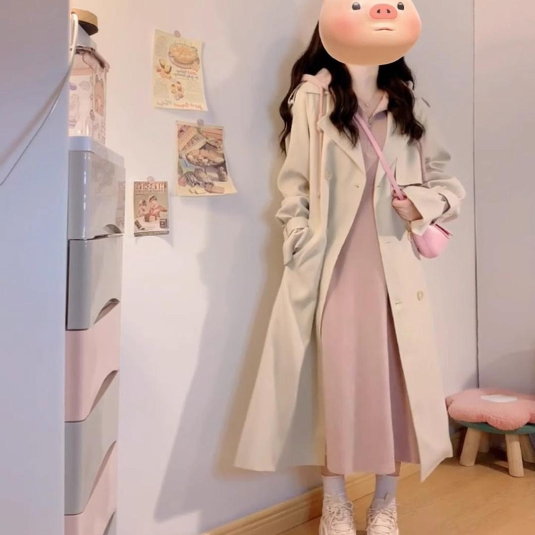套装女2024秋冬季韩系减龄高级感中长款风衣外套连帽连衣裙两件套