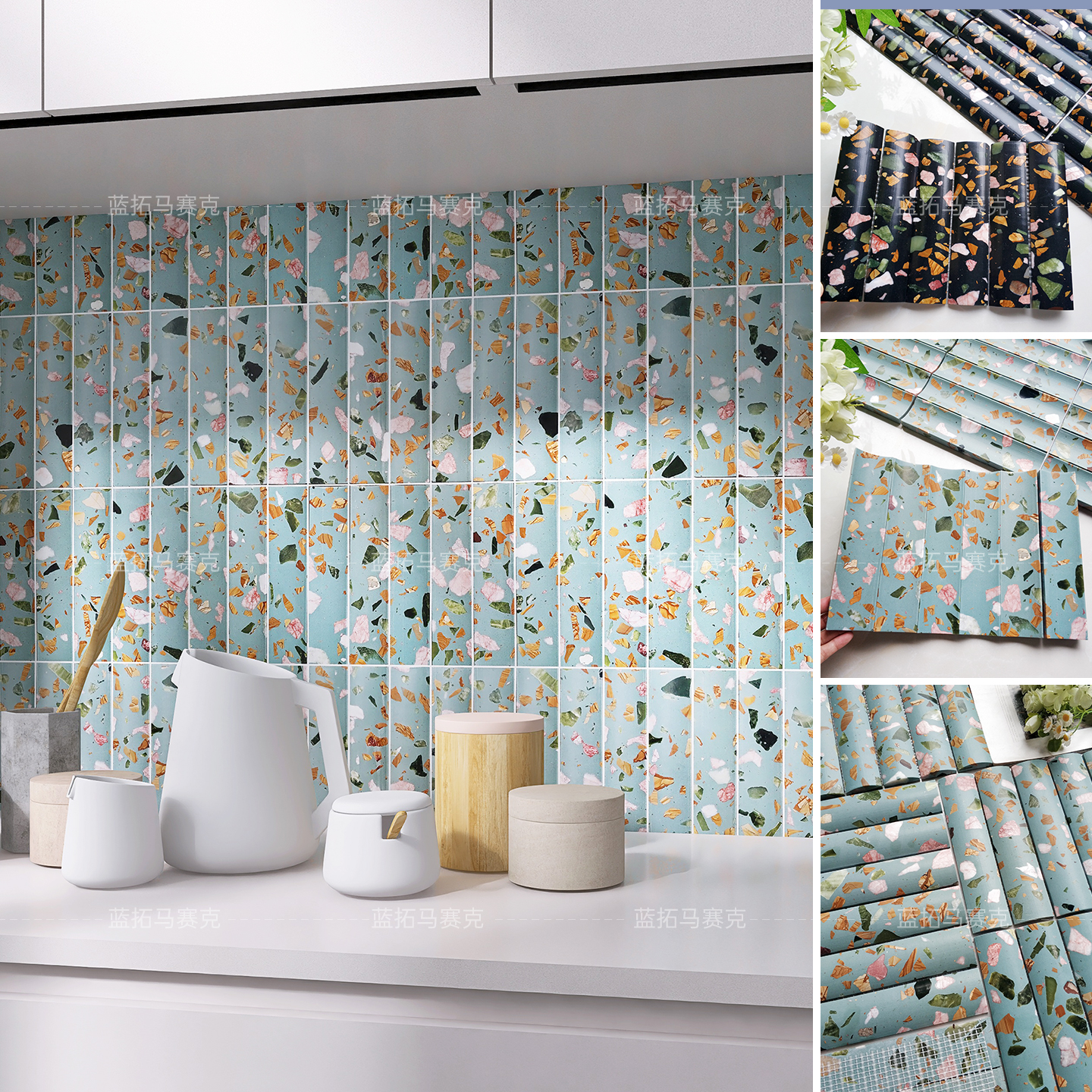 绿色月牙面水磨石长条石材马赛克特色餐厅吧台墙砖民宿卫生间瓷砖