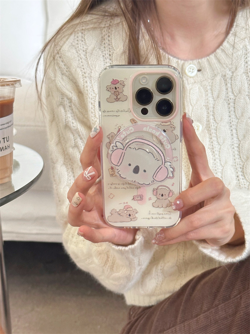 ins韩风可爱耳机考拉磁吸壳适用iphone15promax卡通手机壳苹果15新款卡包14双层13女12创意11支架保护套软