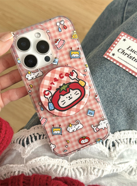 小众ins红色格纹可爱西红柿猫咪插画双层手机壳适用iphone16promax苹果15软壳14新款磁吸支架13防摔保护套潮
