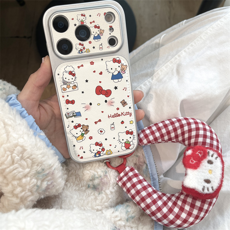 韩系ins卡通可爱哈喽kt猫插画苹果13皮质电镀手机壳16pro新款腕带挂绳iphone17promax女款15创意全包14适用潮