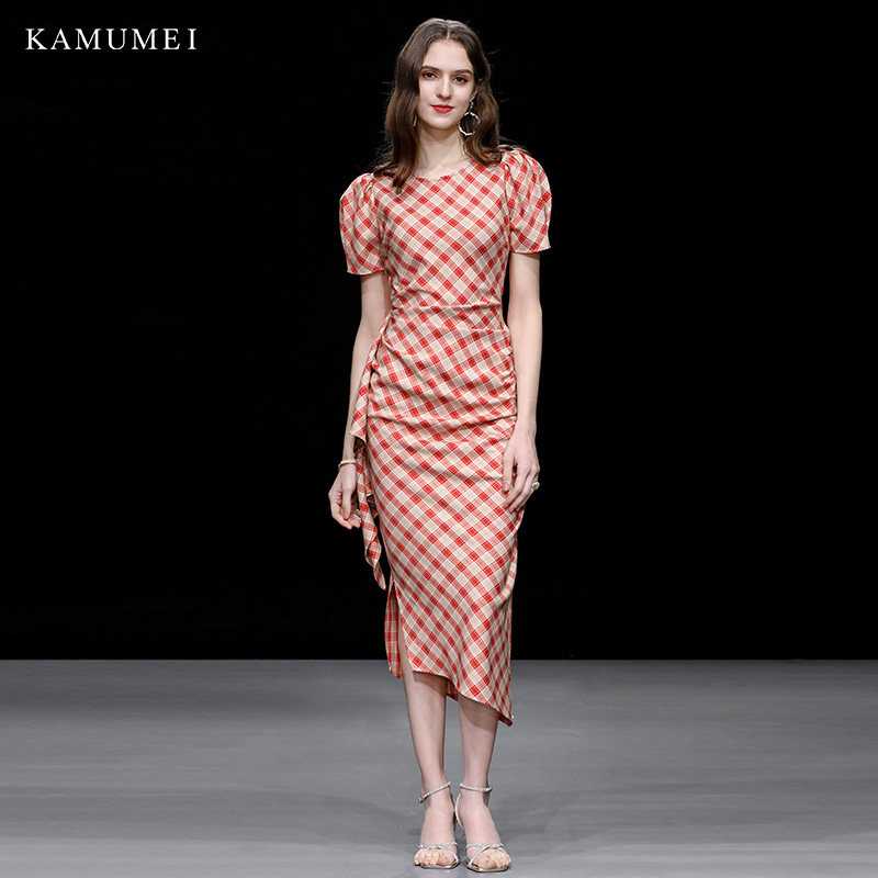 2023新款夏装女装气质修身格子长裙短袖收腰显瘦中长款连衣裙