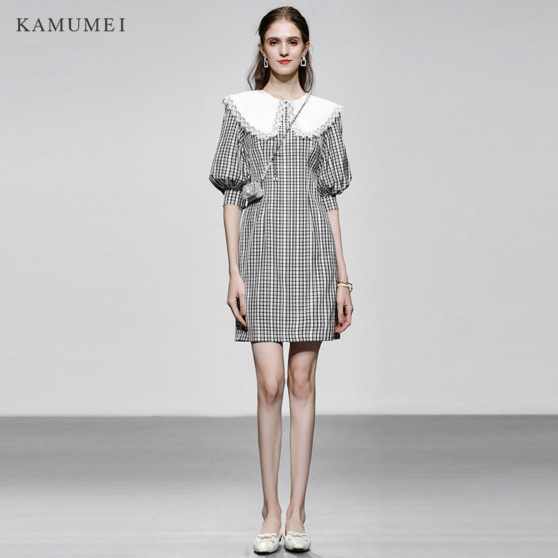 2023夏季新款时尚减龄格纹撞色娃娃翻领灯笼袖收腰A摆连衣裙