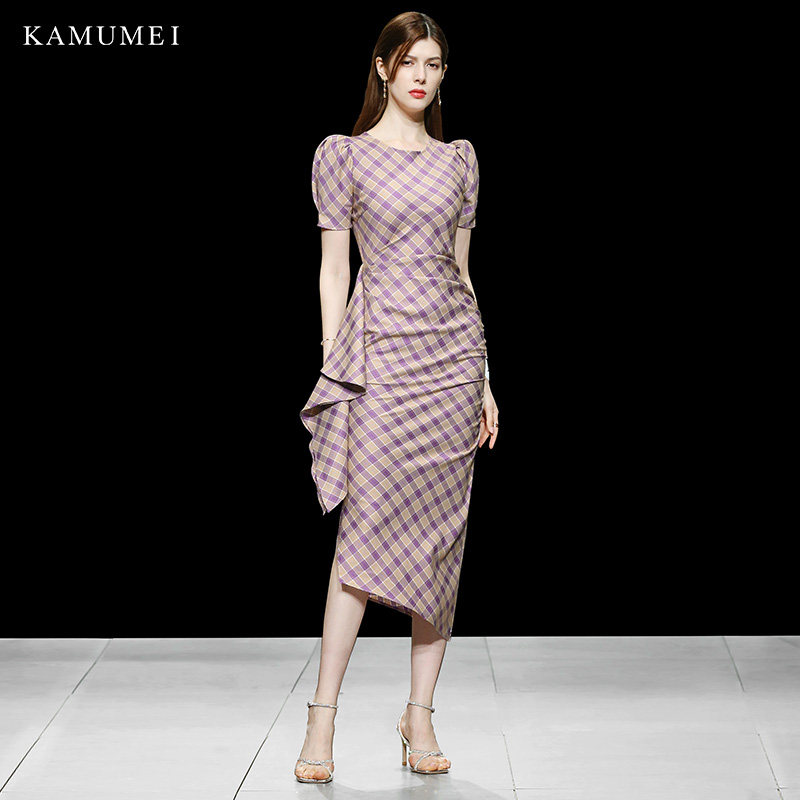 2023新款夏装女装气质优雅修身格子长裙短袖收腰显瘦中长款连衣裙