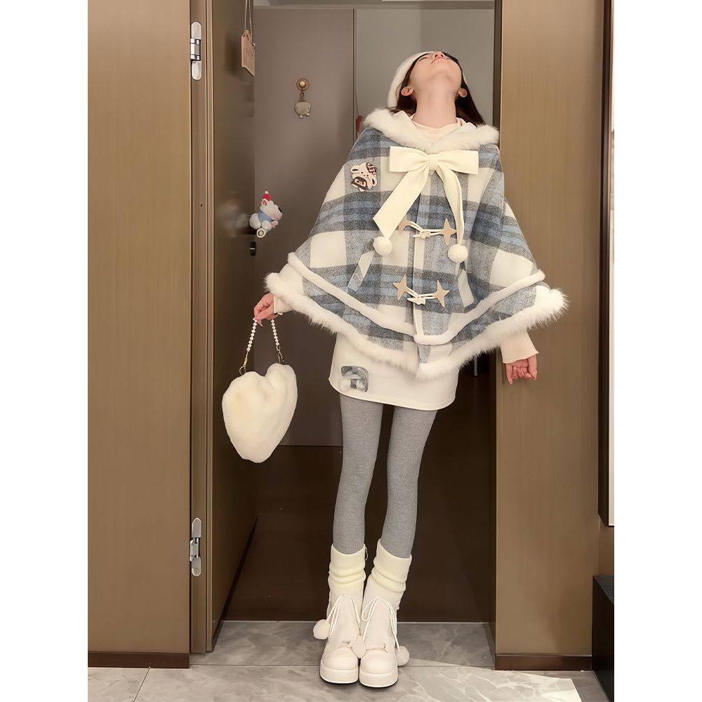 【雾栖星檐】冬日甜妹新款穿搭蝴蝶结连帽毛呢斗篷+短裙两件套女