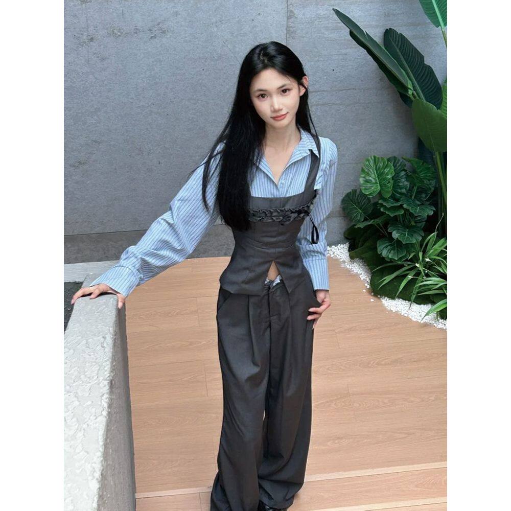 韩系秋季穿搭套装 少女感温柔风甜妹假两件上衣+长裤两件套2025秋
