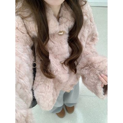 韩系甜美淡淡桃粉洋气翻领廓形短款外套冬季新款加厚保暖毛毛上衣