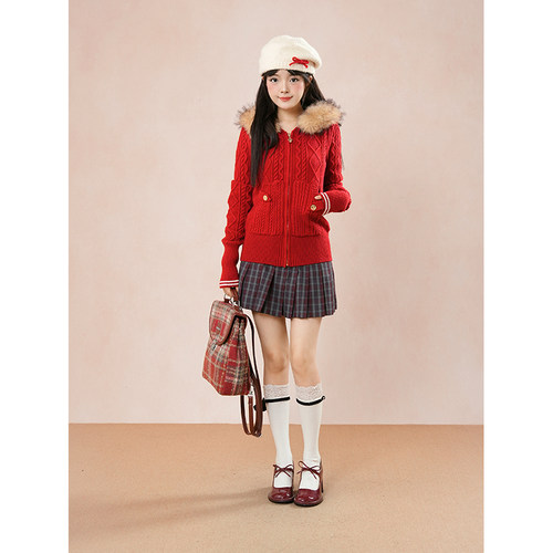 北海初雪 辣妹休闲慵懒修身收腰拉链连帽毛衣开衫外套女秋季新款