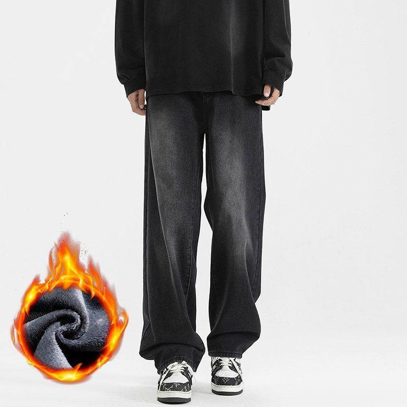 高端男士加绒裤子男女春秋季宽松直筒美式潮流复古百搭牛仔裤子