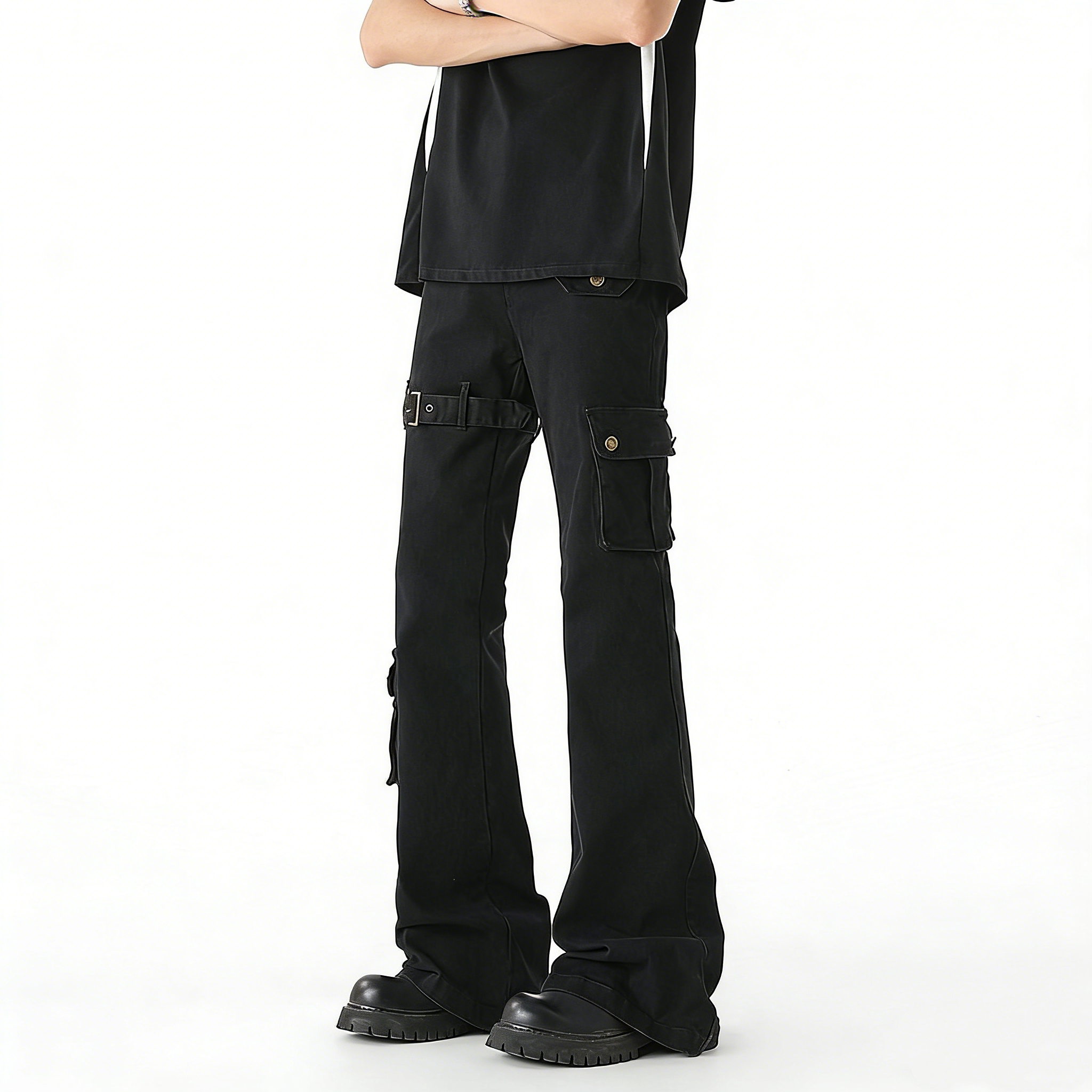 时尚绑带工装裤男女街头小众设计多口袋牛仔裤修身显瘦微喇直筒裤