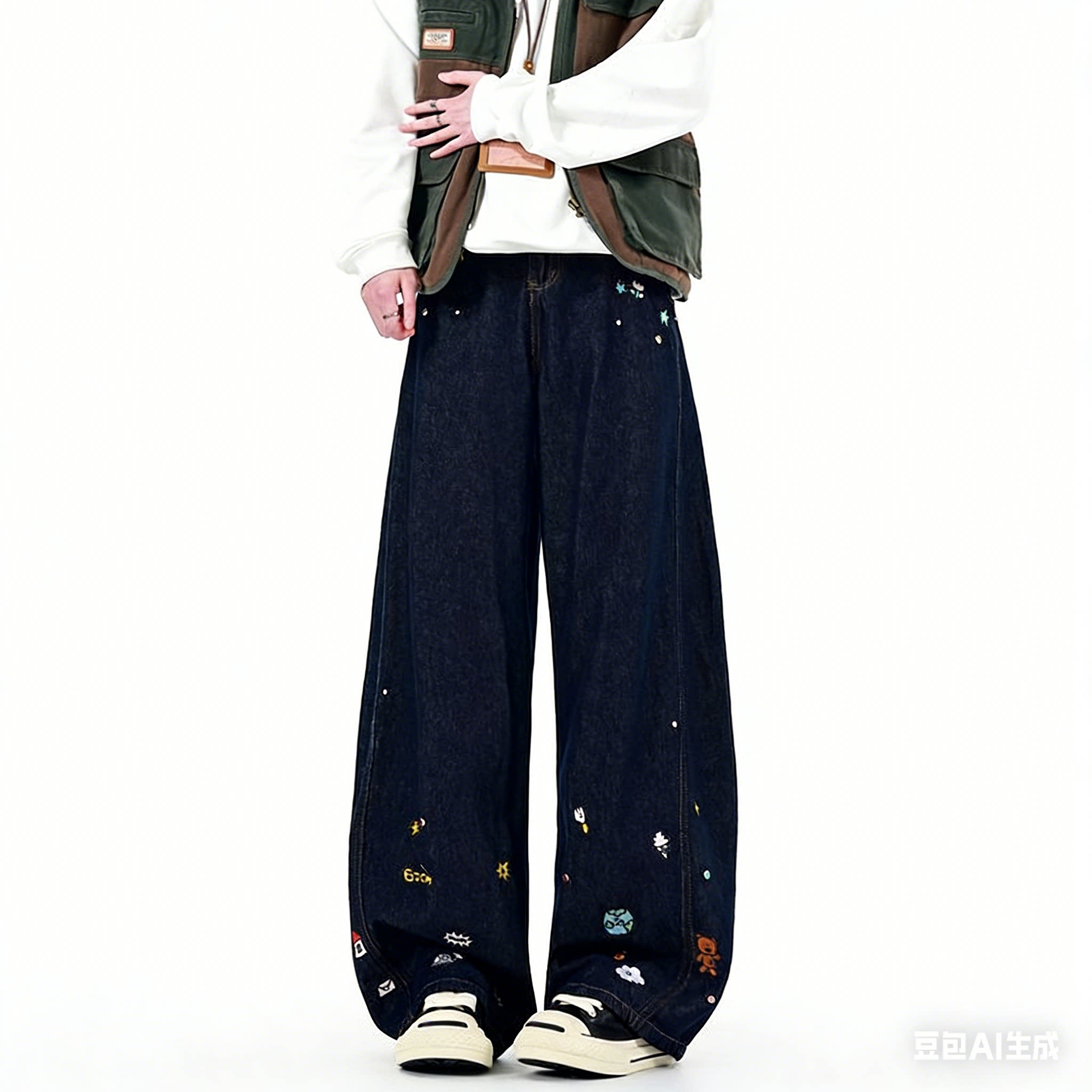 卡通刺绣复古宽松阔腿弯刀牛仔裤重磅男女美式春季显瘦拖地弯刀裤