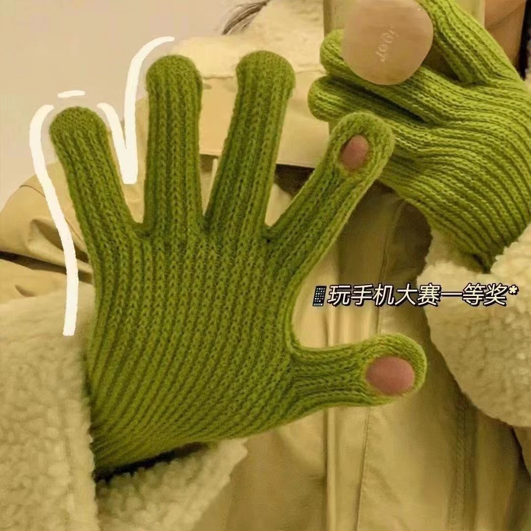 韩国ins小糖豆冬季毛线针织露指手套女纯色触屏保暖防风骑车分指