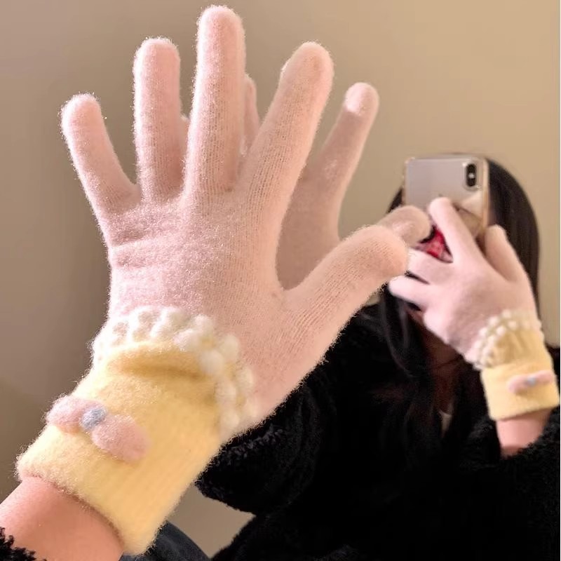 粉色少女心蝴蝶结针织手套女秋冬季毛线保暖五指可爱学生冬天骑车