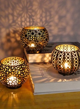 跨境欧式球型烛台镂空摩洛哥灯光节日复古装饰做旧家居工艺品摆件
