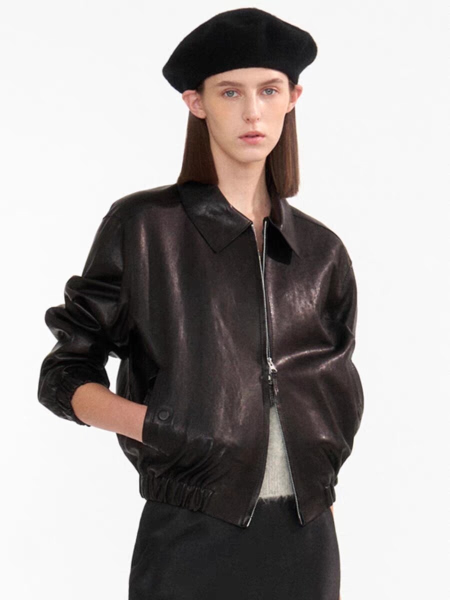 nothing writt*n 春秋款翻领小皮衣外套通勤拉链小个子短款夹克女