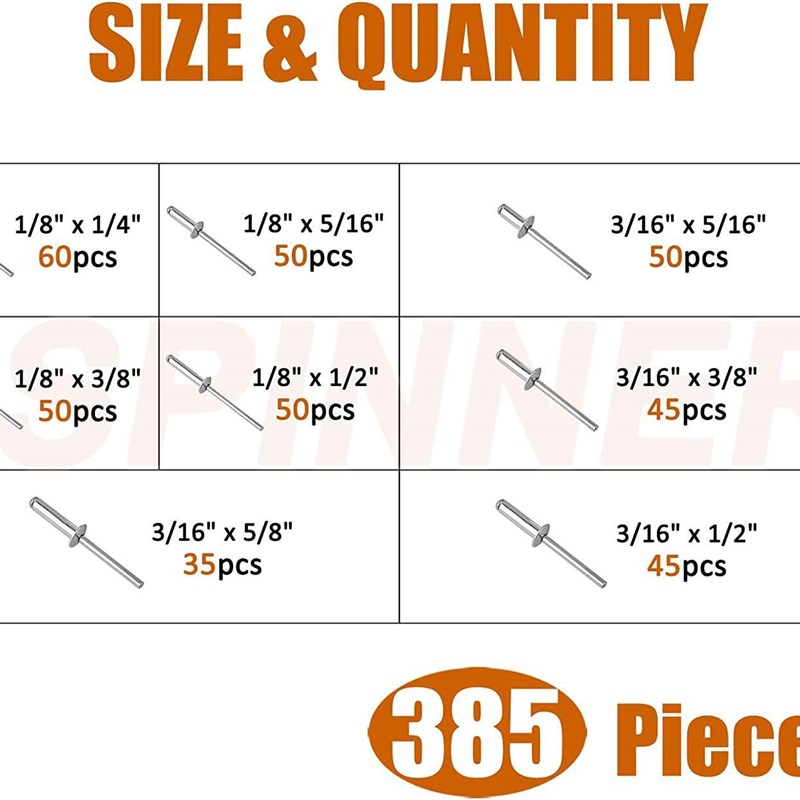 385pcs 铝制铝合金开口型扁圆头抽芯铆钉M3.2M4盒装套装