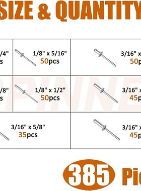 385pcs 铝制铝合金开口型扁圆头抽芯铆钉M3.2M4盒装套装