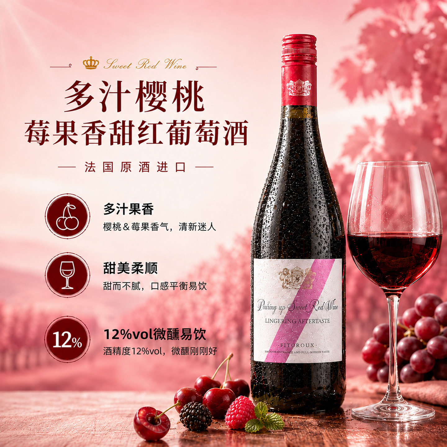 菲特瓦法国甜红葡萄酒甜型红酒女士低度微醺12度750ML果酒晚安酒