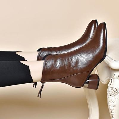 尖头粗跟软皮短靴女2025新款秋冬季加绒女鞋中跟高跟鞋棕色马丁靴