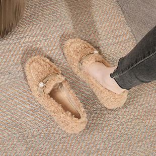 毛毛鞋女冬外穿2024年秋冬网红款粗跟单鞋女气质中跟小码32豆豆鞋