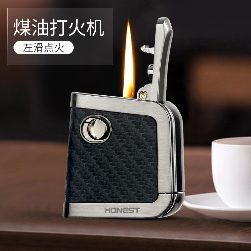 honest/百诚新款霞光整皮包裹一键按压弹射煤油打火机手