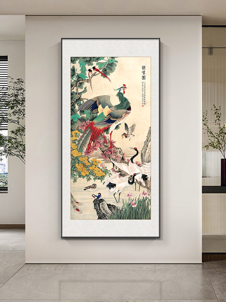 百鸟朝凤图入户玄关装饰画新中式走廊过道花鸟国画挂画茶室壁画
