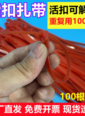 【可解开重复用1000次】红色活扣扎带可拆卸尼龙塑料捆绑卡扣