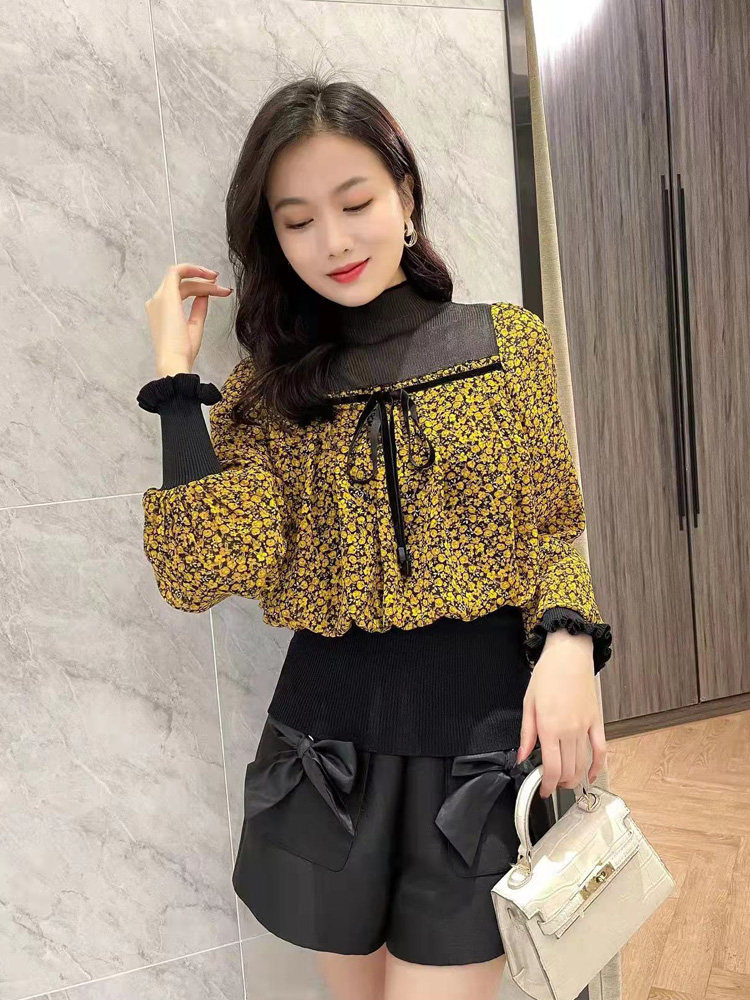 欧洲站2021冬季新款上衣女设计感小众拼接雪纺针织复古港味衬衫潮