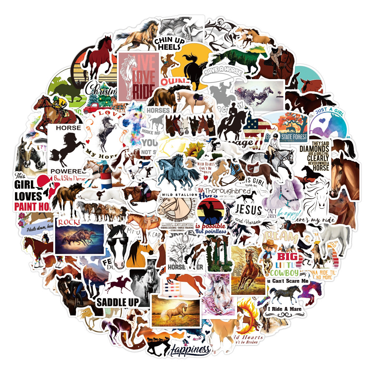 100张跨境马术涂鸦贴纸卡通骏马笔记本滑板车行李箱防水创意贴纸