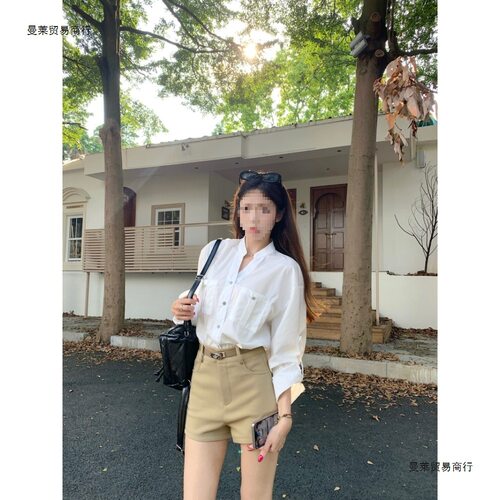 气质白色v领长袖衬衫女秋