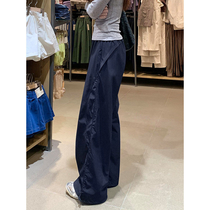 美式藏青色工装裤女夏季新款胖妹妹mm高腰显瘦宽松运动速干休闲