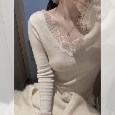 韩系漂亮白色蕾丝V领针织